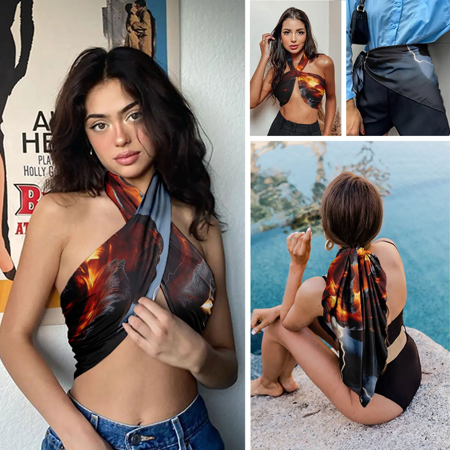 

0887 Women's floral satin square scarf, soft silk-like texture headscarf, multi-purpose scarf to wrap headscarf