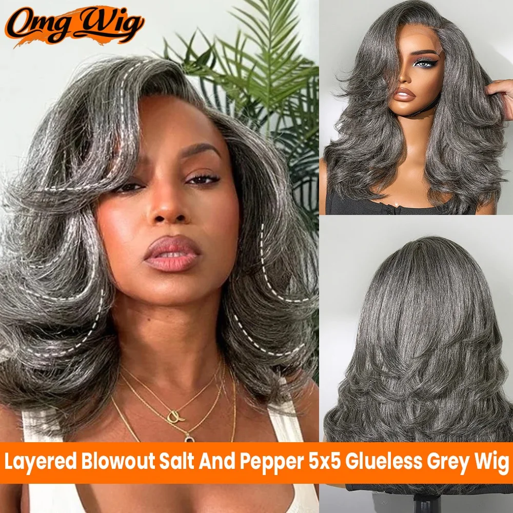 

Layered Blowout Salt And Pepper 5X5 Pre Cut Lace Glueless Grey Wig For Black Women Side Part Body Wave Human Hair Wig