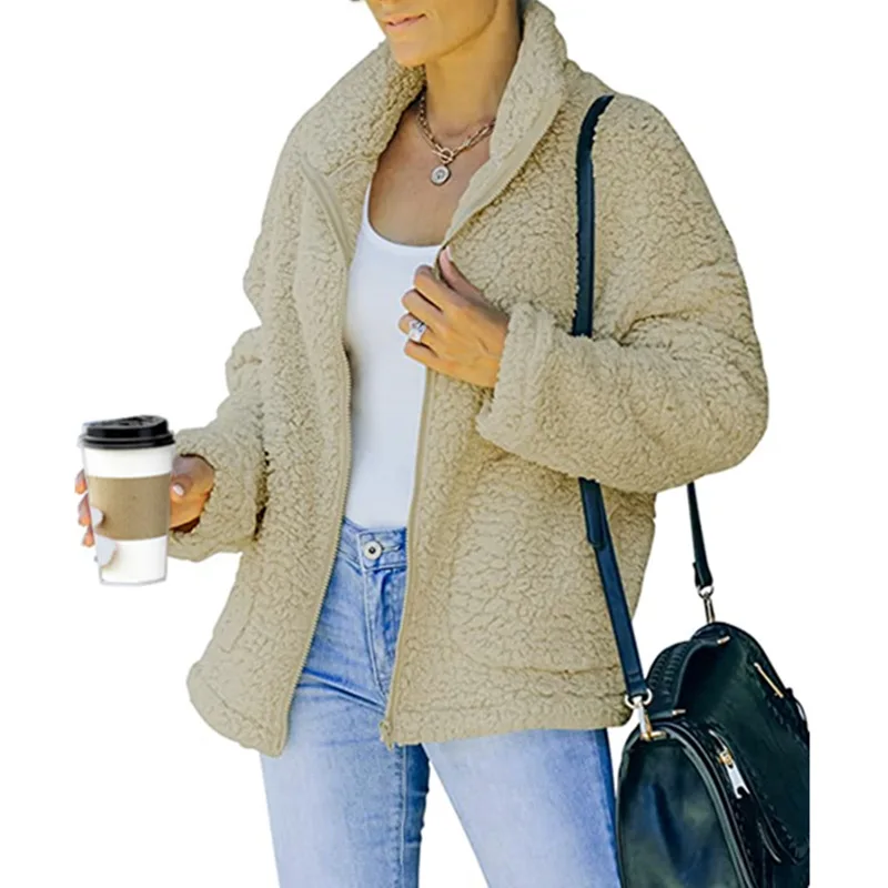 2023 Autumn and Winter Women's New Fashion Commuter Double Sided Plush Pocket Zipper Top Solid Color Comfortable Versatile Coat