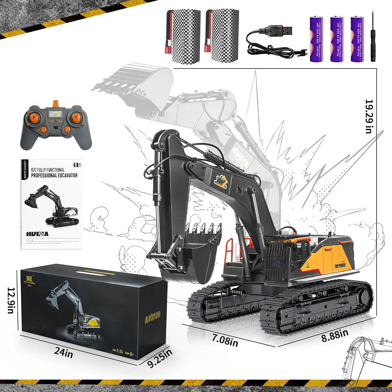 22 Channel Remote Control Excavator, 1/14 Scale RC Excavator | Metal Shovel Independent Arms, Professional Construction Vehicles