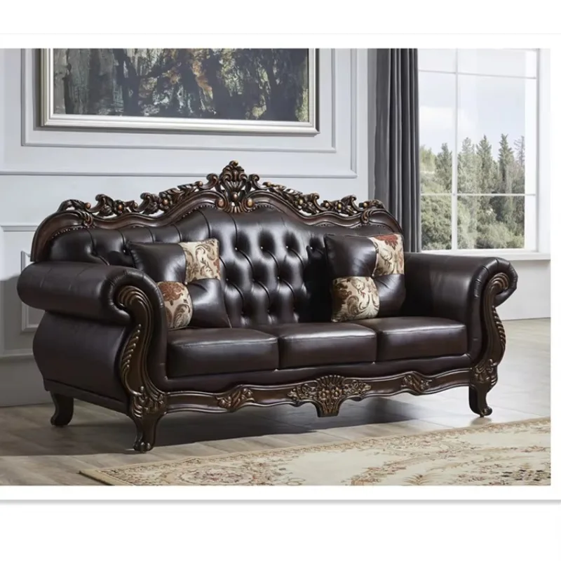 Classic Style Genuine Leather 1+2+3 Sofa Set Sofa Solid Wood Frame Living Room Furniture