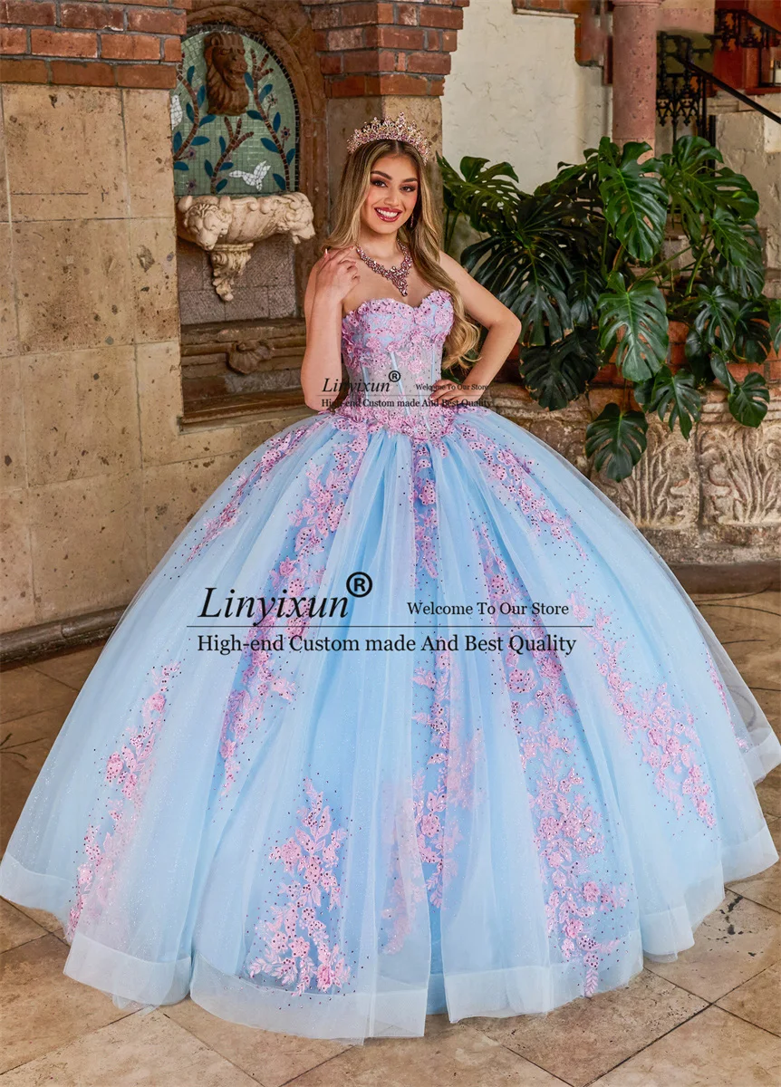 Doce céu azul Princesa Quinceanera Vestidos, vestido de baile, Pérolas Cristais, Lace-Up, Princesa Impressionante, 16 Flower Applique, 15th Ages