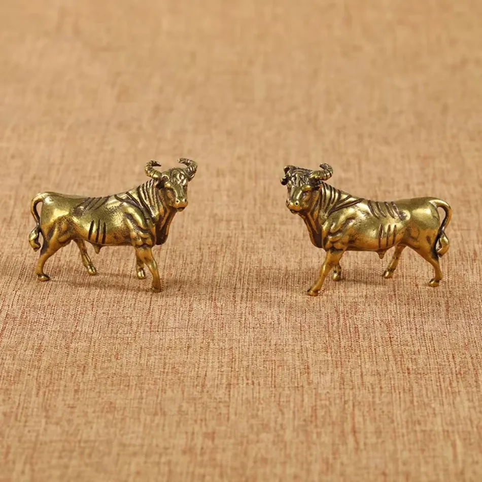 1 Pair Solid Brass Ox Sculpture Zodiac Desktop Decor Handmade Copper Art Gold Plated Lucky Charm Christmas Gift
