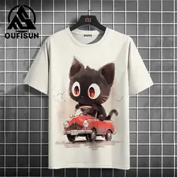 Funny Animal Black Cat Short Sleeve Tees Tops Casual T-Shirt For Men Oversized Streetwear Hip Hop Sweatshirt Men's Clothing Xl