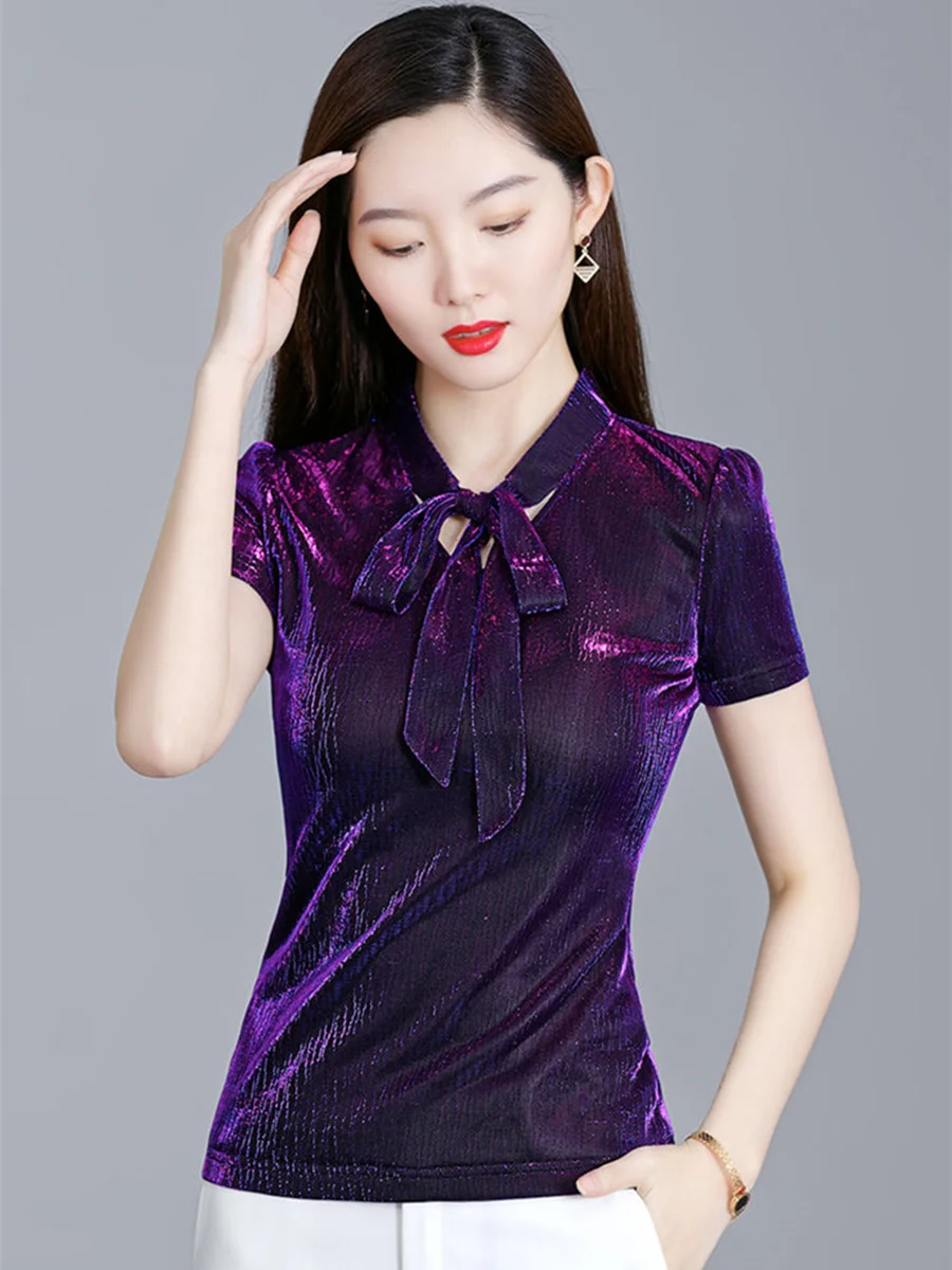 4XL Thin Women Spring Summer Blouses Shirts Lady Fashion Casual Short Sleeve Bow Tie Collar Solid Color Blusas Tops G2113