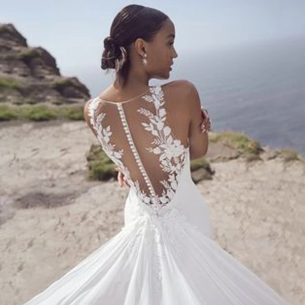 YunShang-Vestido De novia De sirena con cuello redondo, Espalda descubierta, Apliques De encaje, Vestido De novia moderno sin mangas, Vestido De novia personalizado