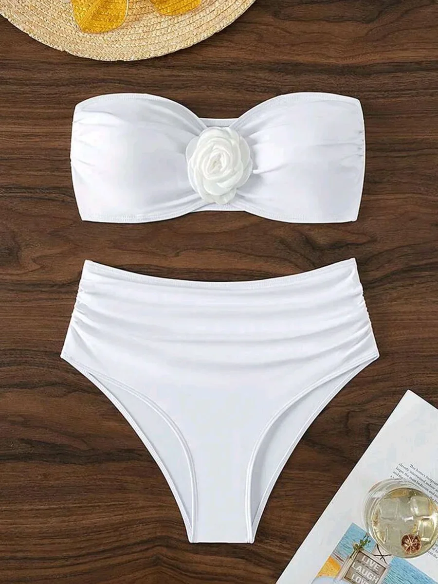 XS - L 3D Flower Bandeau Bikinis Female Swimsuit High Waist Bikini Women Swimwear Two-pieces Bikini Set Bathing Suit Swim Lady