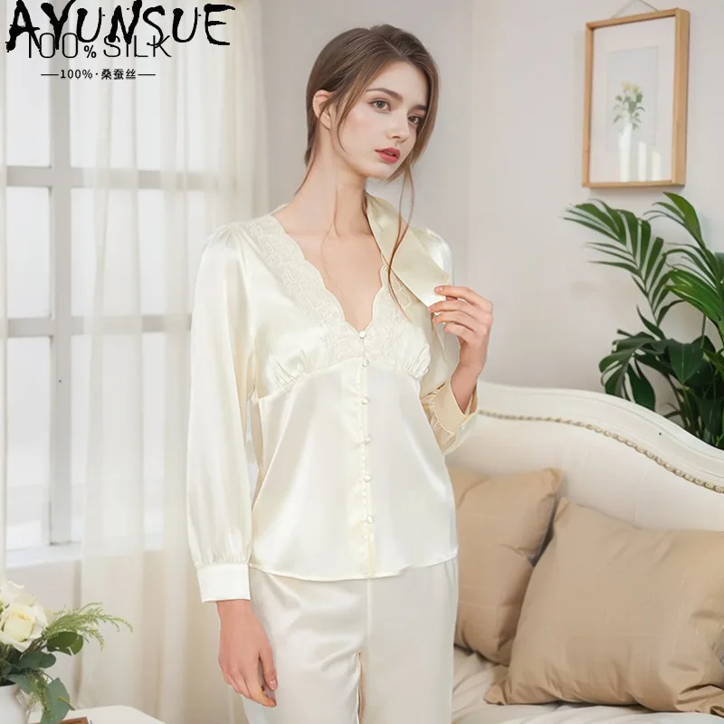 AYUNSUE 100% Silk Women's Pajamas Light Luxury Pajama Sets Long Sleeve Top Long Pants Womens Matching Sets Spring Пижама Женская
