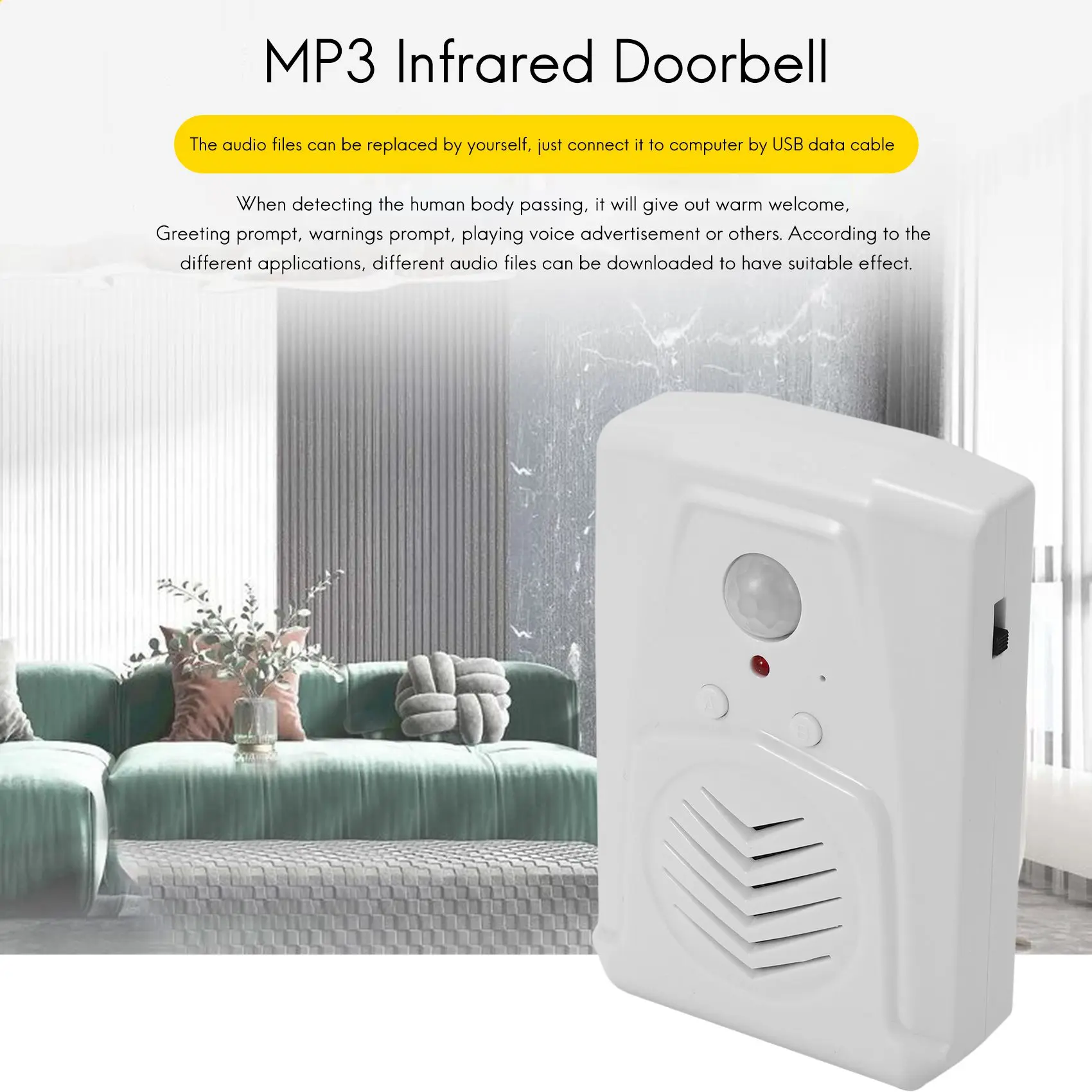 Interruptor de puerta con Sensor de movimiento, timbre infrarrojo MP3, Sensor de movimiento PIR inalámbrico, alarma de entrada de puerta con indicador de voz