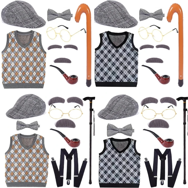 Costume da uomo anziano per bambini 100 giorni di Costume da scuola per ragazzi con cappello da uomo anziano occhiali da vista Costume gilet di canna