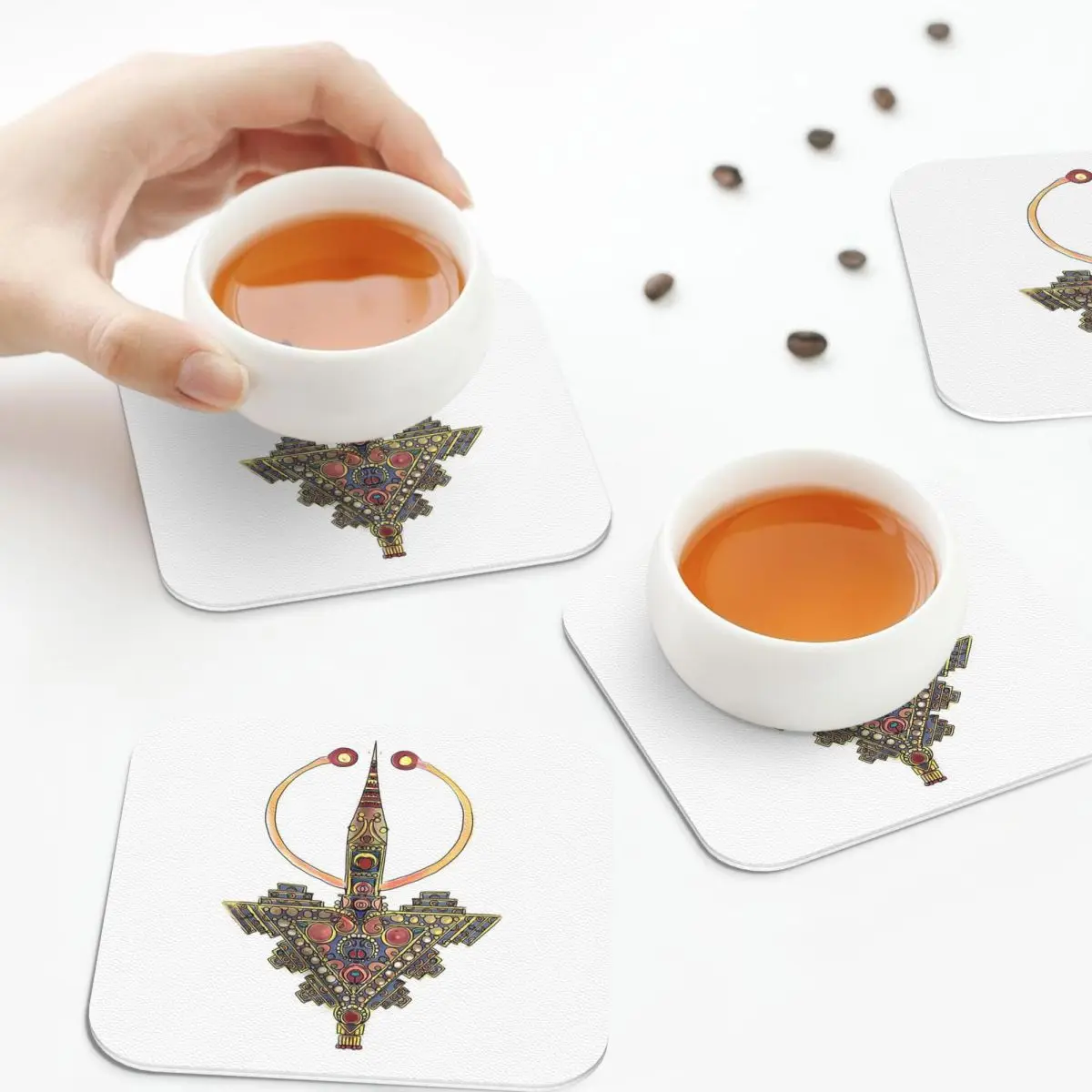 Kabyle Jewelry Amazigh Morocco Coasters PVC Leather Placemats Non-slip Coffee Mats for Decor Home Kitchen Dining Pads Set of 6