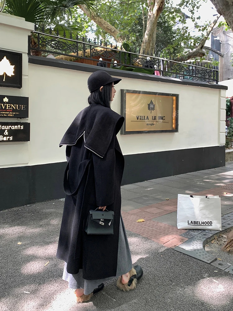 

Office Lady Zipper Hooded Cashmere Wool Jackets 2025 Autumn And Winter Loose Sense Bathrobe Lace-Up Women's Long Wool Coats