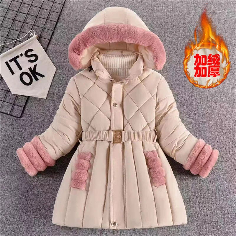 

2023 Winter Girls Jackets Down Parkas Snowsuit Warm Thicken Coat Children Hooded Zipper Thickened Outerwear Kids Belted Jacket