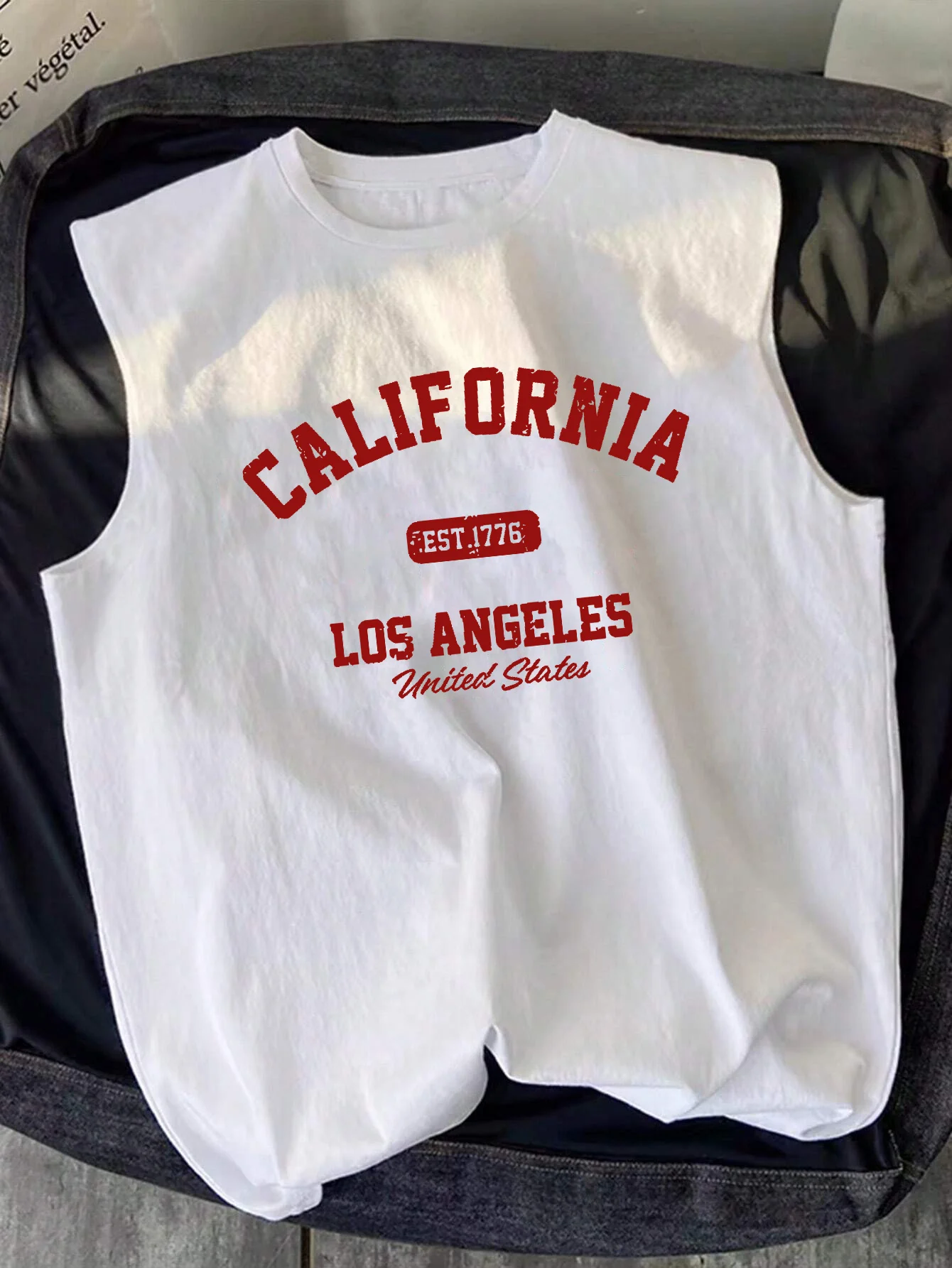 100% Pure Cotton Summer Men's Fashionable Casual Loose Heartbeat and Los Angeles Same Frequency Printed Fitness Sleeveless Vest