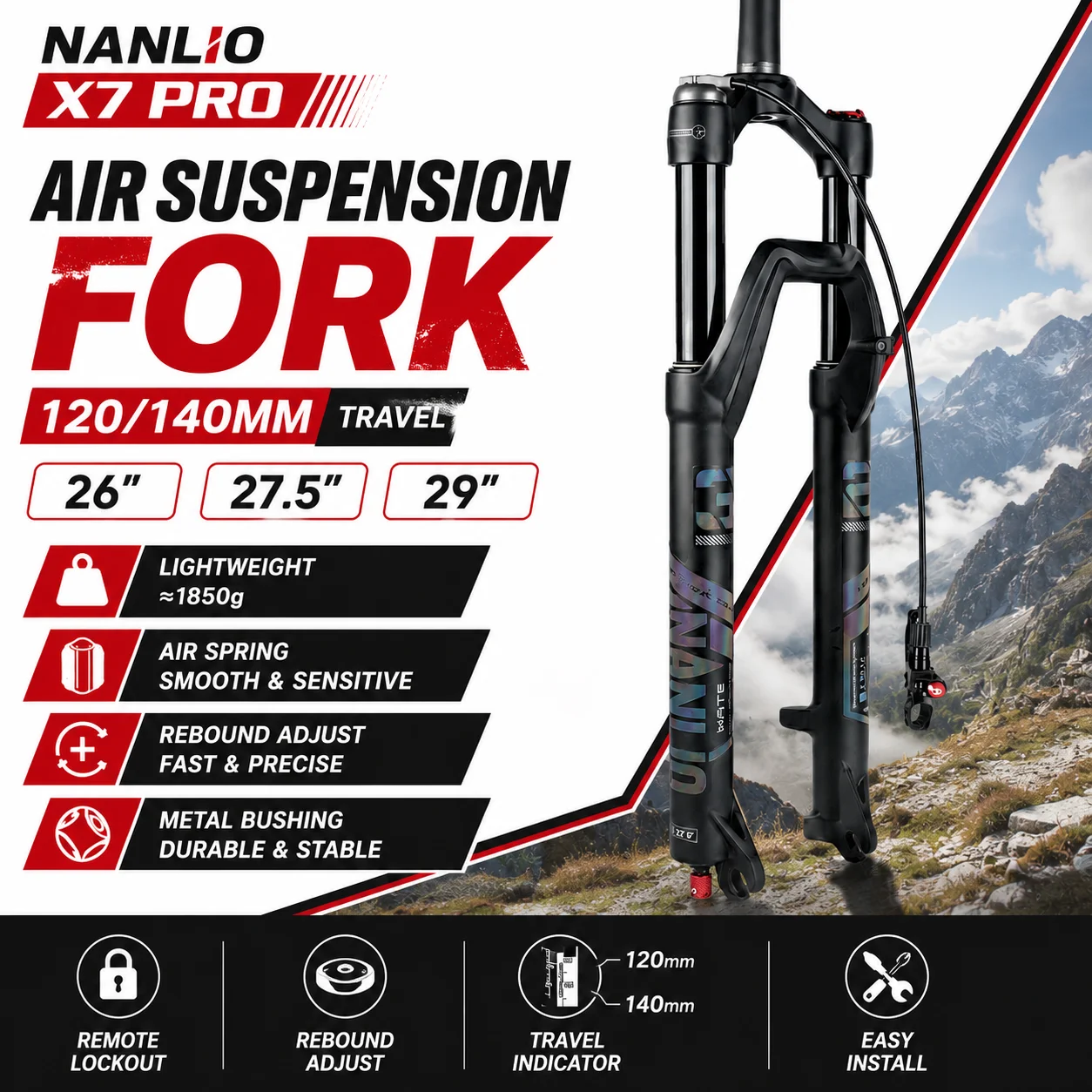 

NANLIO X7 PRO MTB Air Suspension Fork 120/140mm Travel Rebound Adjust 26 27.5 29 Straight Tapered Steerer Mountain Bike