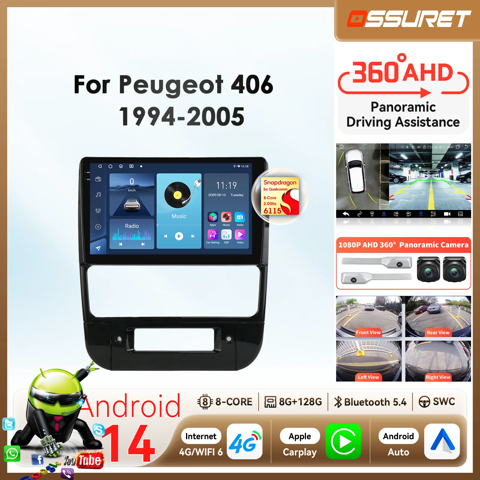 bySnapdragon 6115 Car radio for Peugeot 406 1994- 2005 Autoradio Carplay Android Auto multimedia GPS 360 Camera SWC BT Head Unit