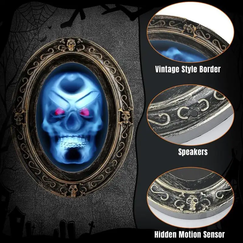 Scary Motion Activated Mirror Creepy Sound Haunted Reflections Mirror Halloween Scary Portrait Horror Prop For Indoor Halloween