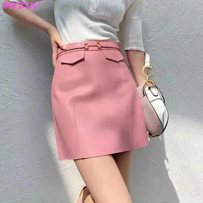 Harajuku Sheepskin Skirts Women’s High Quality White/Pink Leather Skirt Faldas Mujer Moda Chain High Waist Wrap Hip A-line Gonne