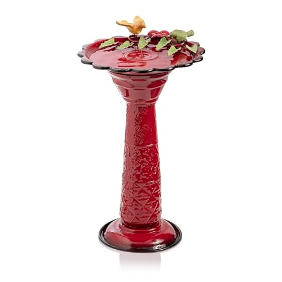 Outdoor metal birdbath for garden use, red finish, durable construction, features birds and leaves design, ideal for patio, dec