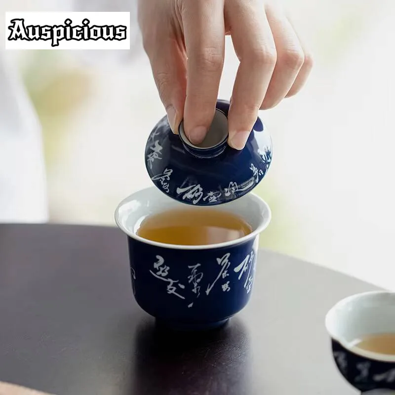 100ml Pure Handwritten Verse Art Ceramic Tea Tureen Chinese Tea Maker Covered Bowls With Lid  Household Tea Bowl Kung Fu Tea Set