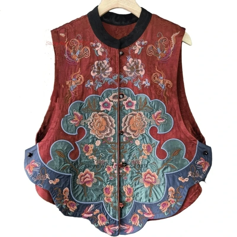 2024 chinese flower embroidery stand collar vest national satin jacquard vest traditional ethnic hanfu tops sleeveless jacket