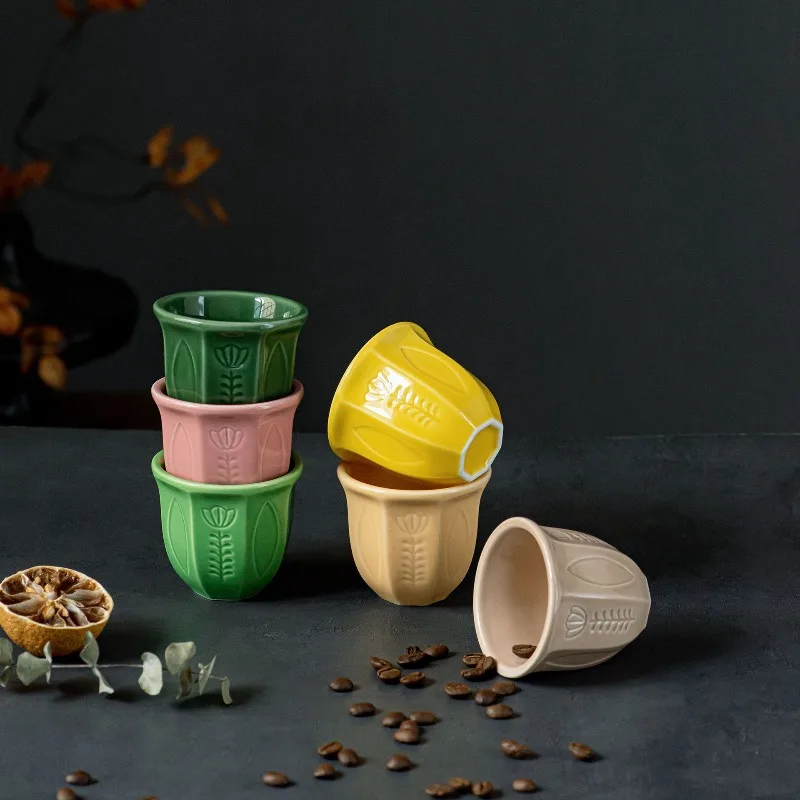 Embossed Tulip 6-piece Set 100ml Middle Eastern Small Arabic Style Ceramic Espresso Cup Dopamine Color - view 3