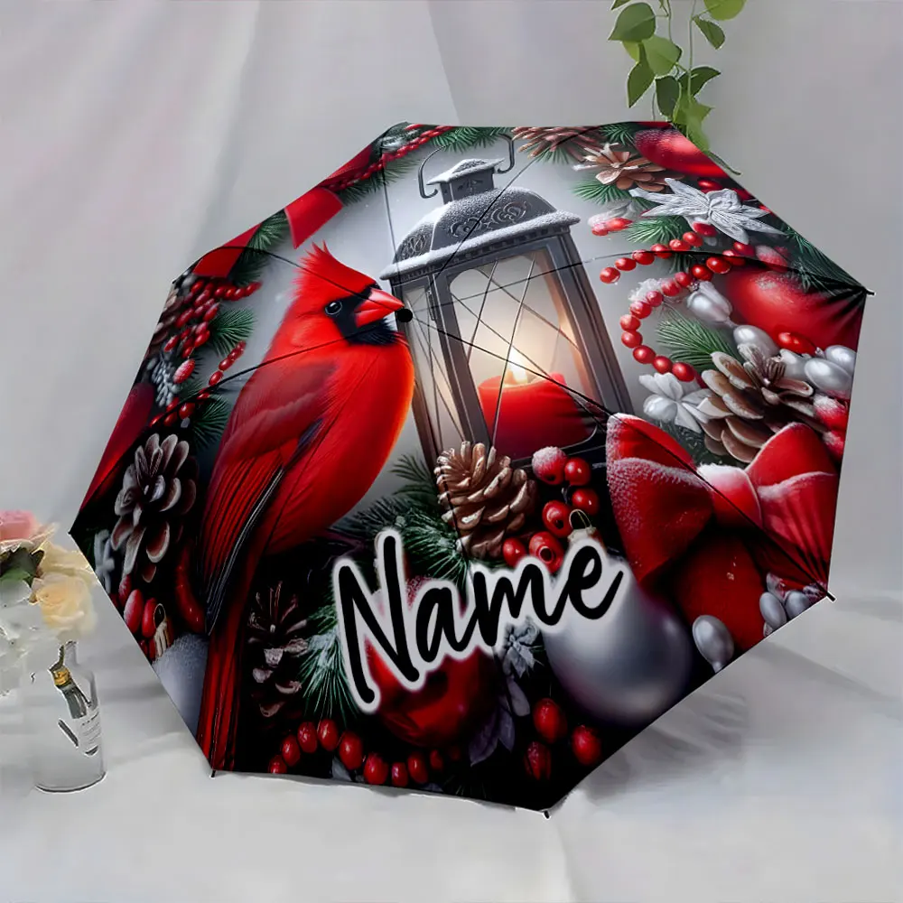 Custom Name  Festive Cardinal and Lantern Umbrella Design Print 8 Iron Ribs Folding Umbrella Auto-Open Fashion Sunshade