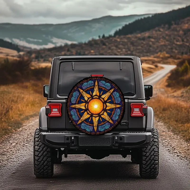Round Colorful Glass Style Car Tire Cover With Bright Yellow-Orange Sun Rays On Black Background, Eight-Pointed Star With Yellow