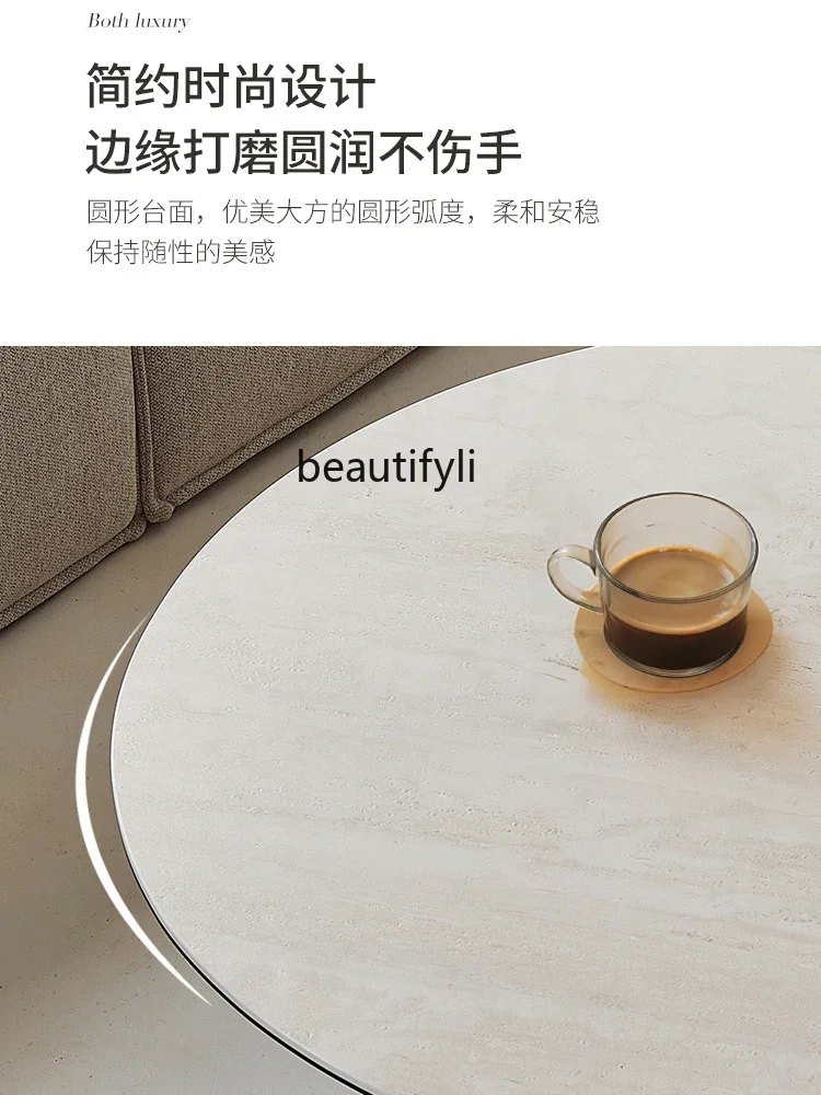 Solid Wood Coffee Table round French Style Minimalist Black Cave Stone Stone Plate Short Round Table
