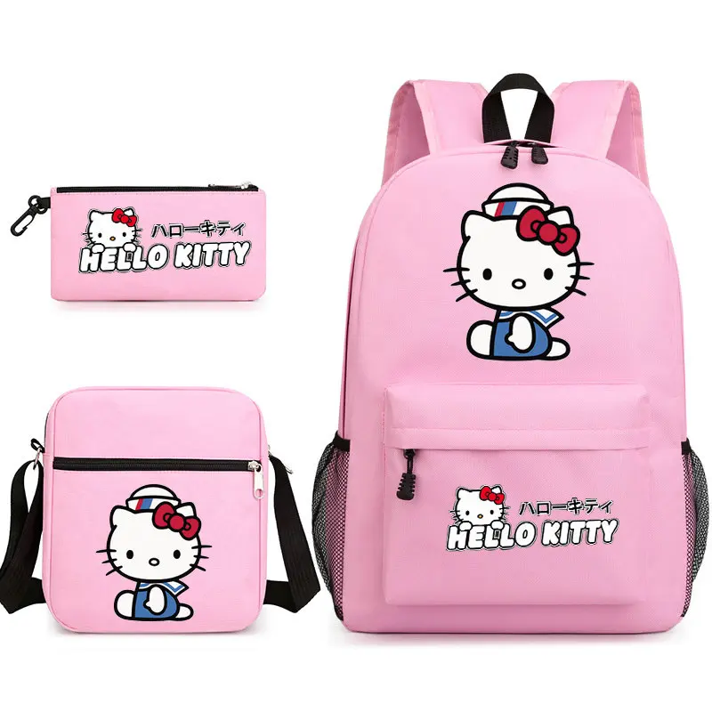 Hello Kitty New Kawaii 3Pcs Boy Girl Kids School Book Bags Travel Backpack Shoulder Bag Pen Bag For Men Women