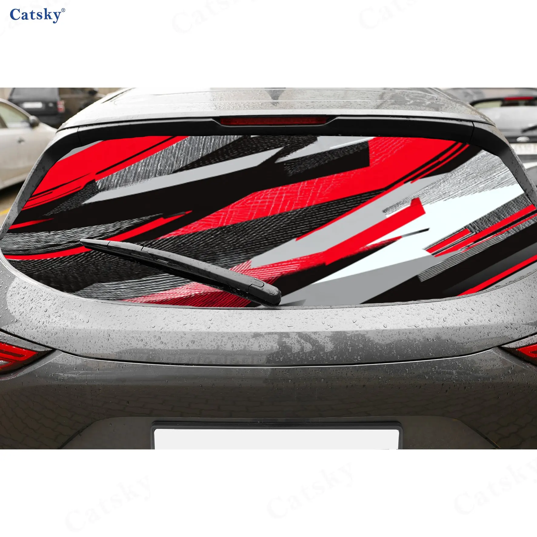 Bold Red Black Brushstroke Style PVC Perforated Car Rear Window Vinyl Wraps, Durable Waterproof Car Rear Windshield Sticker