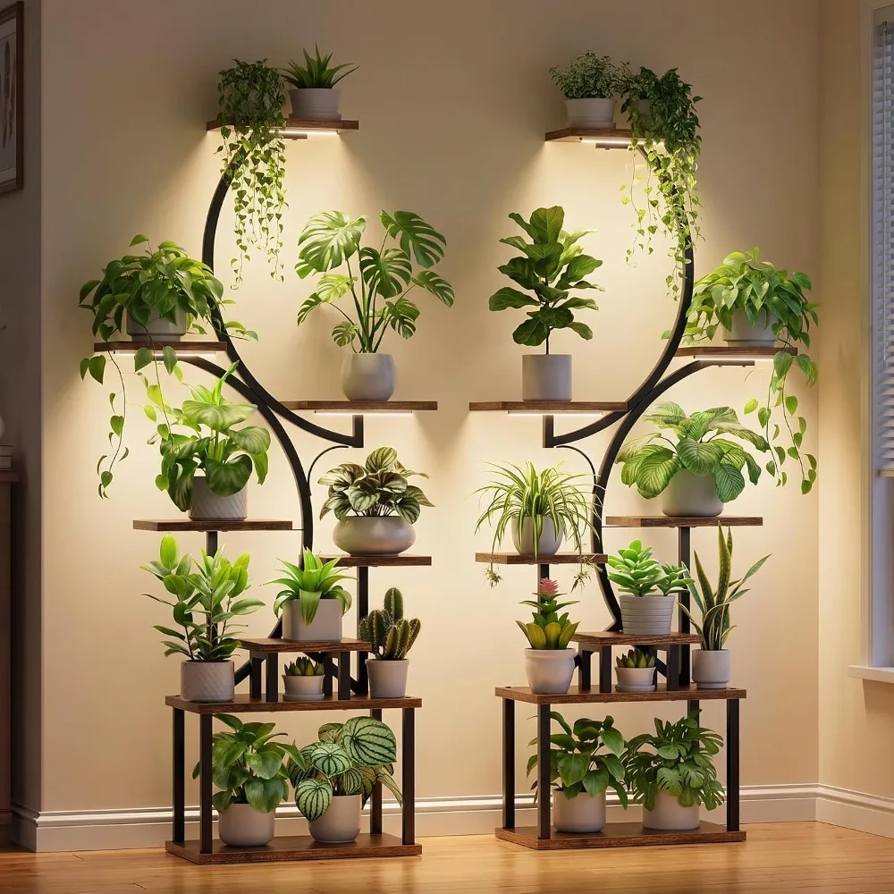 Plant Stand Indoor with Grow Light - 2 Pack Tall Large Lighted Plant Shelf