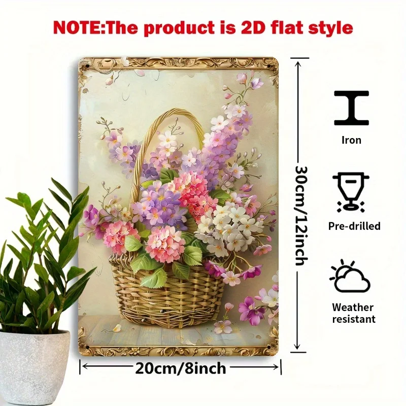 2D Flat, 2D Flat Plane, 1pc Vintage 2D Flat Metal Wall Art - 8x12 Inches Romantic Flower Basket with Pink, Purple, and White Flo