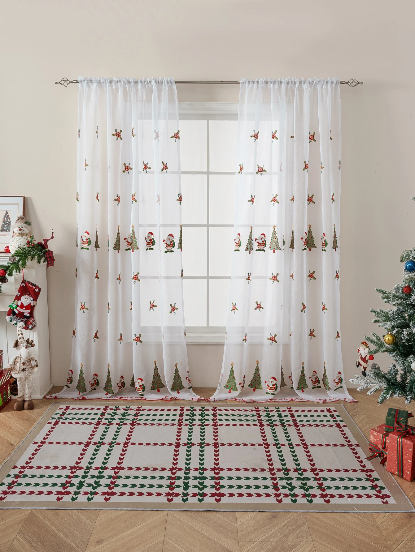 1PC Christmas Santa Claus Embroidered Sheer Pole Curtain for Living Room Bedroom Festive Atmosphere Decorative Window Treatment