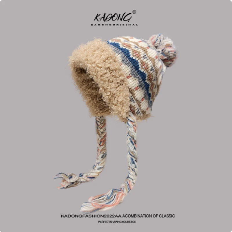 Новый этнический стиль, жаккардовый флисовый теплый пуловер из овечьей шерсти, женская осенне-зимняя уличная вязаная шапка-бомбер с защитой ушей