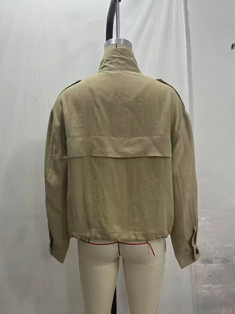Stehkragen-Knopfjacke mit Kordelzug für Damen, Street-Style mit Epauletten, Langarm, Einreihig, Locker Geschnittene Jacke, Schicke Damenoberbekleidung, Neue Outerwear – Detail 5