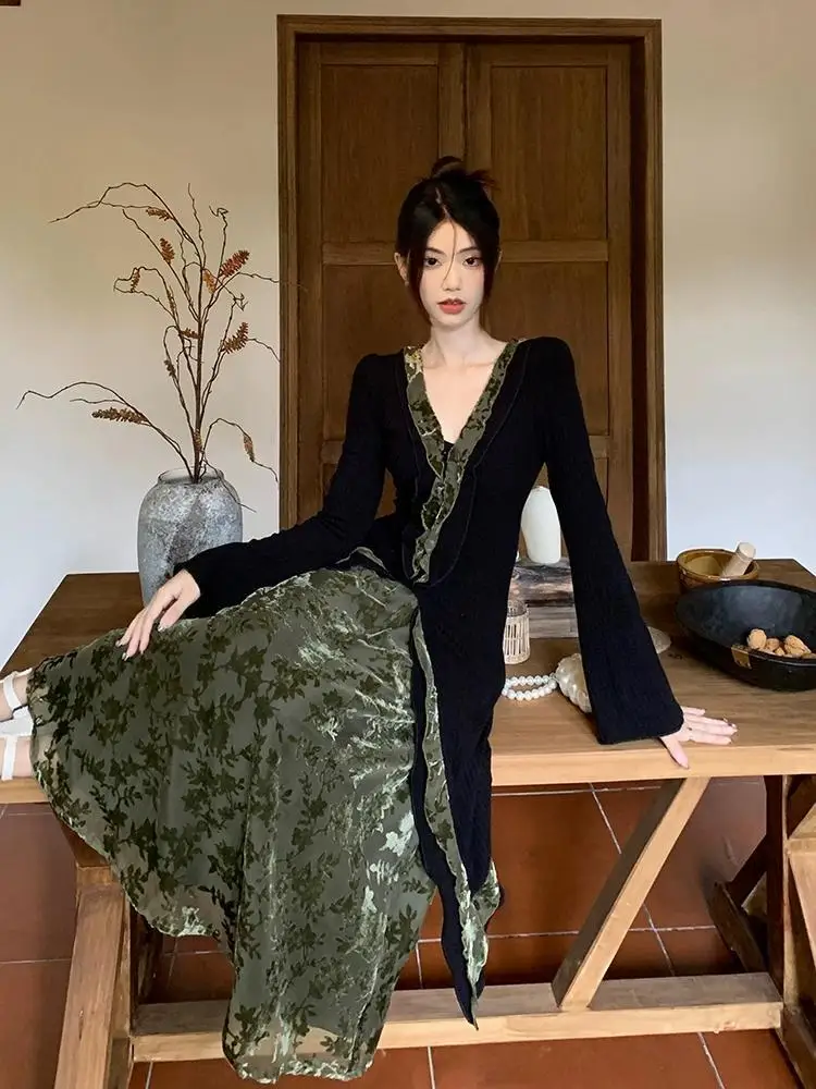 Nieuwe Chinese stijl v-hals vest met lange mouwen dames herfst elastische taille rok tweedelige set