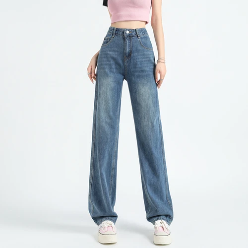 Imagen 2 del producto Pantalones vaqueros de pierna ancha de Lycra ajustados para mujer, pantalones finos rectos sueltos de cintura alta adelgazantes hasta el suelo, moda informal de verano