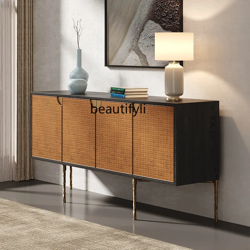 Vintage Style Sideboard Retro Rattan Storage Home Living Room Decorative Cabinet Forged Iron Art Entryway Cabinet