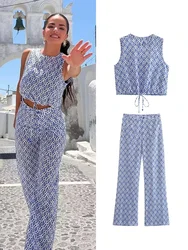 TRAF Donna Plaid Stampa Top Pantaloni Set Moda Estate Donna O-Collo Senza maniche Coulisse Top corto + Pantaloni lunghi a vita alta