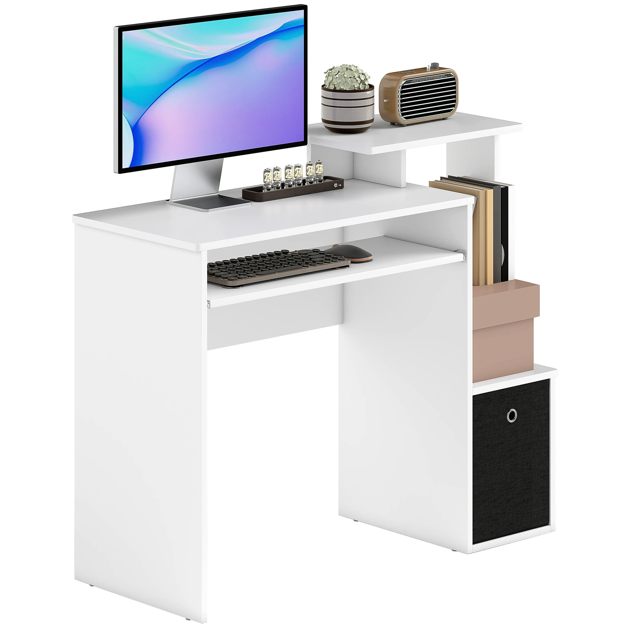 Scaffali Multimediali per Scrivania Computer Tablet Tastiera Cestino Nero in Truciolato Bianco Homcom