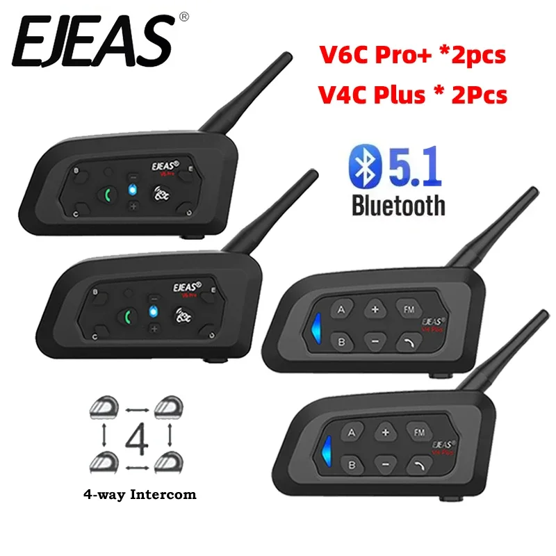 EJEAS 2Pcs V4 PLUS + 2Pcs V6 PRO+ Auriculares Intercomunicadores para Casco de Motocicleta, Bluetooth 5.1, Impermeables, Conexión para 2 Teléfonos, Reducción de Ruido