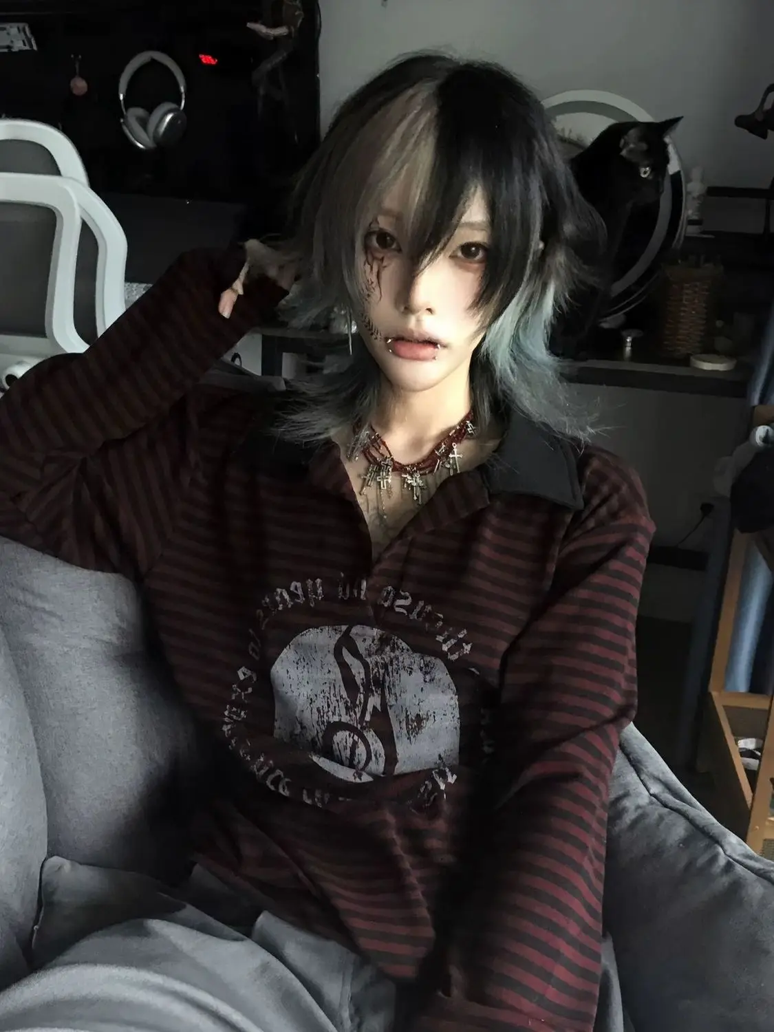 Polo T-shirt Y2k vêtements japonais années 90 Goth Punk Vintage Harajuku manches longues rayure imprimé Streetwear Grunge hiver Emo Tee Chic