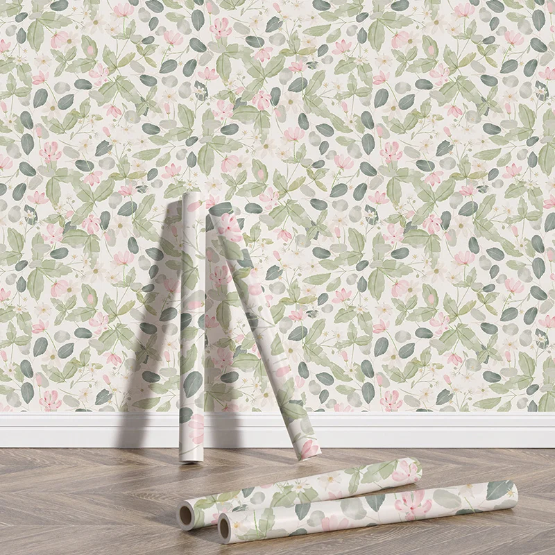 Self Adhesive Fresh Light Green Leaves Vinyl Wallpaper Self Adhesive Waterproof Cabinet Stickers Pink Flower Home Decoration