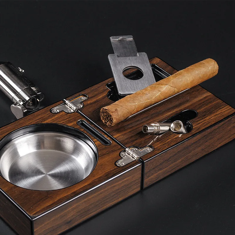 Foldable Cigar Ashtray Ash Tray Cigar Cutter Knife Cigar Holder Walnut Wood Cigar Puncher Cigar Hole Opener Cigar Tool Box Set