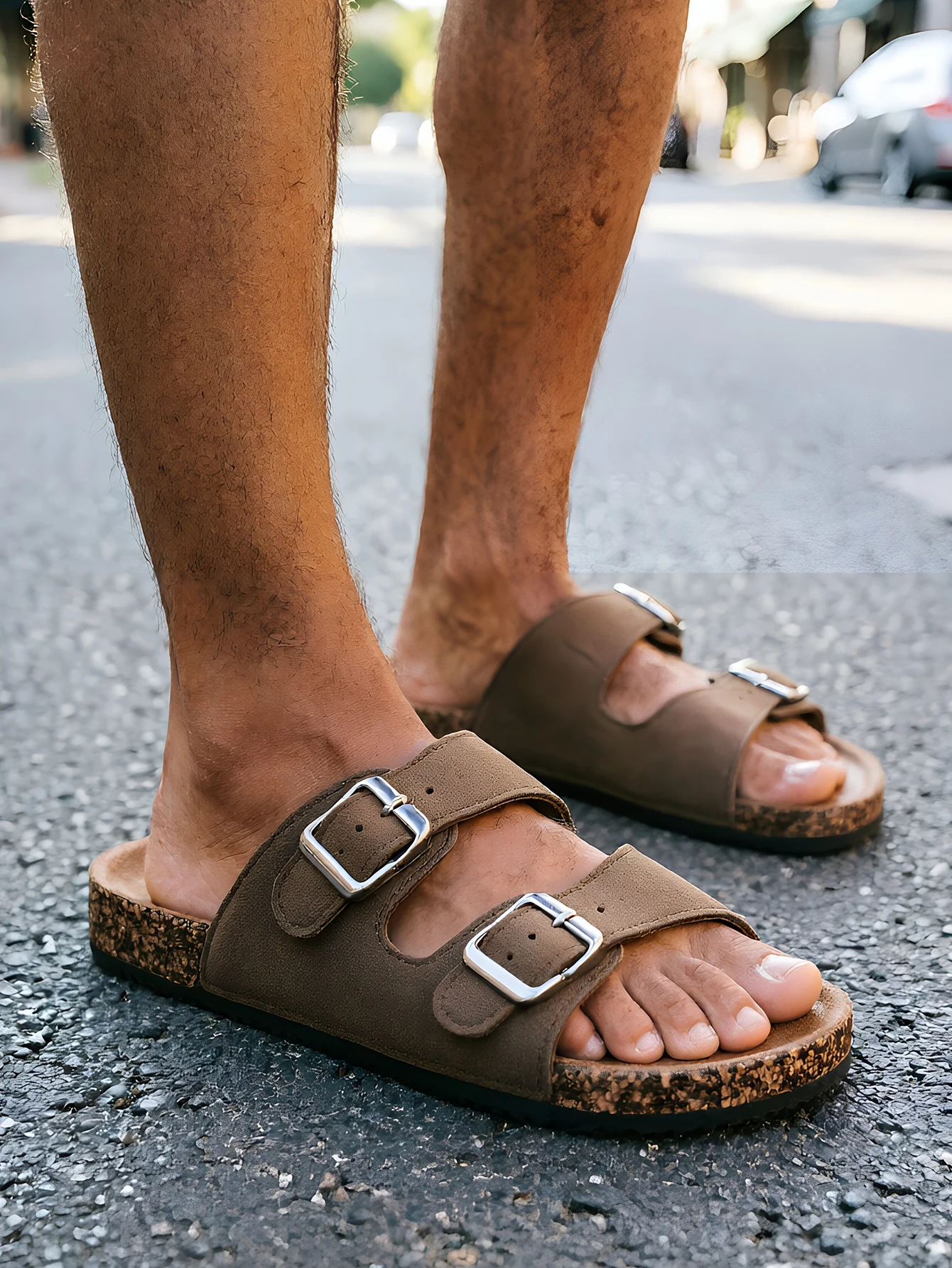 Men's Casual Simple Buckle-Adjustable Pu Suede Upper Double-Bar Beach Slippers Flat-Soled Slip-On Outdoor Home Slippers