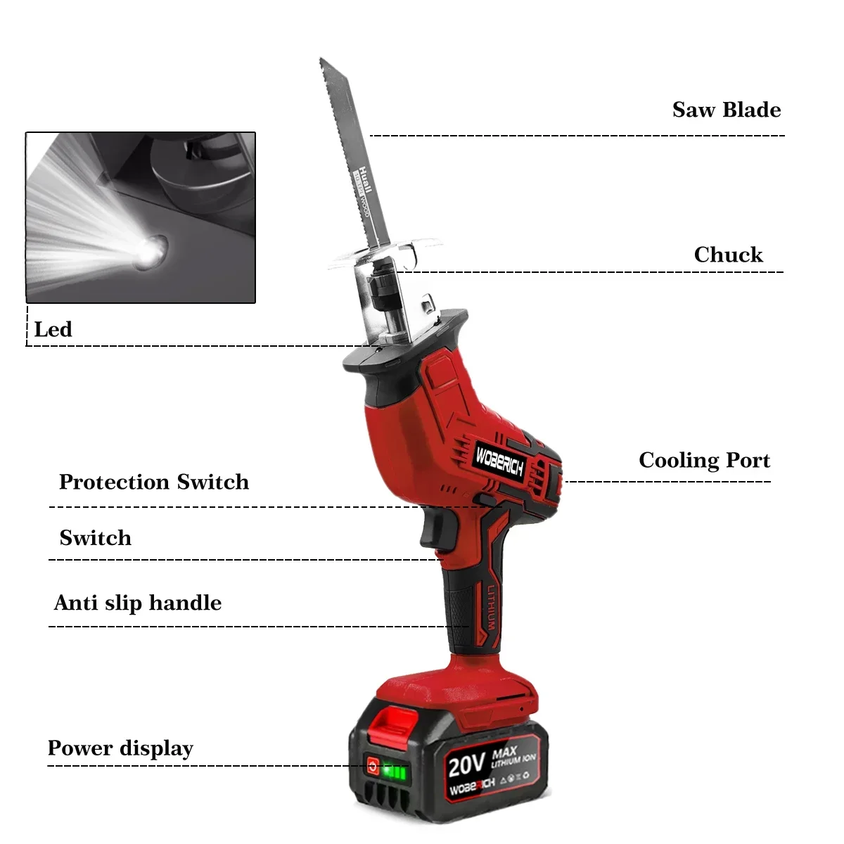 Cordless Reciprocating Saw Adjustable Speed Cutting Electric Saw Wood Metal PVC Pipe Cutting For Makita/WOBERICH 18V Battery