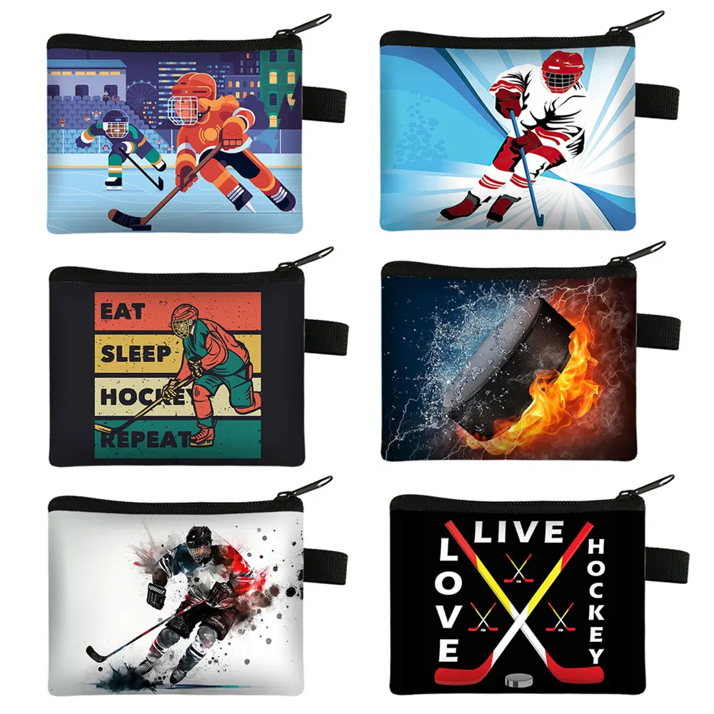 Ice Hockey Print Coin Purse Ice Field Sport Wallet Credit Card Earphone Storage Bag Money Coin Bags Zipper Pouch Cute Purses