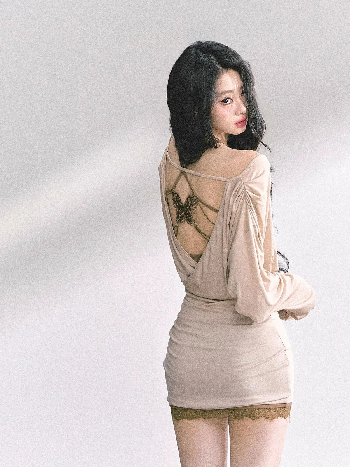 

AOMALM Sexy Lace Waist-Cut Dr Women's Summer Bodycon Skirt Two-Piece Set Casual Sle Long Sve Polyester Blend Workwear