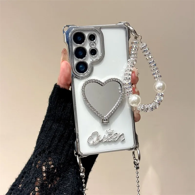 Luxurious Rhinestone Heart Mirror Kickstand Phone Case For Samsung Galaxy S20 S21 S22 S23 S24 S25 S26 FE Plus Ultra Y2K Cover